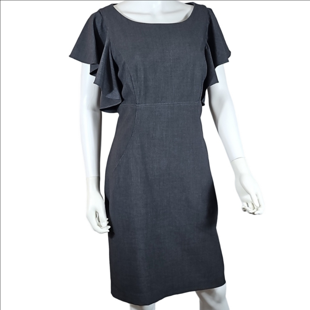 Calvin Klein Charcoal Grey Flutter Ruffle Sleeve Knee Length Sheath Dress - Picture 2 of 16